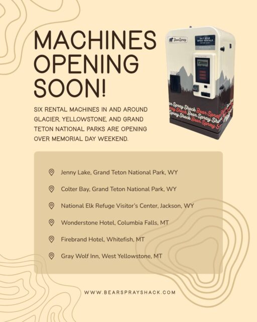 Are you ready for a summer of national park adventures?? And not carrying bear spray canisters onto the plane illegally? We are! Road trip, rent, return, repeat - check out our bear spray rental machines opening May 22nd: ⛰️ Grand Teton National Park: • Jenny Lake • Colter Bay • Elk Refuge Visitor Center in Jackson, WY 🦬 Yellowstone National Park: • West Yellowstone, MT 🌄 Glacier National Park: • Columbia Falls, MT • Whitefish, MT