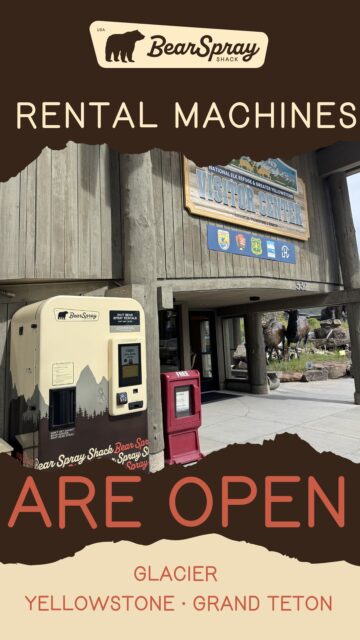 It’s time! Our bear spray machines have been BEARY carefully transported and installed at various locations in Glacier, Yellowstone, and Grand Teton National Parks! Check out our website for a full list of locations and opening dates. And if you’re a local, you no longer have to let your aunt borrow your bear spray when she visits. She can rent her own.