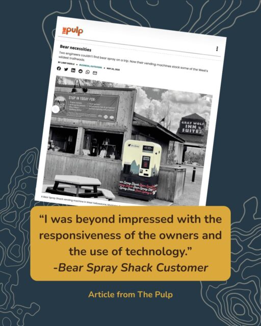Because we’re a small business, we're able to answer your questions quickly! Bear Spray Shack aims to solve a problem, not cause stress on your vacation. Thanks to @thepulp_missoula , @flatheadbeacon , Vending Times, and @yahoo Travel for being part of the Bear Spray Shack journey! Check out the full article at https://thepulp.org/bear-spray-vending-machine-glacier-yellowstone-national-parks/