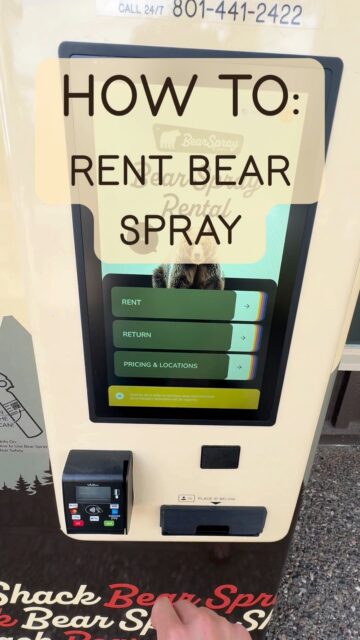 Our bear spray rental machines are open 24/7, and we made it easy by adding on-screen step-by step instructions. However, if you’re like us and are always PREPARED (pre-beared?), here’s a sneak peek of the rental experience!

1. Find the nearest rental location to your lodging or the park you are visiting. Hint: it might be inside the park!
2. Click ‘Rent.’
3. Decide how many canisters you’ll need, and your return date.
4. Click “Rent Now”
5. Scan your ID (for age verification purposes - bear spray is no joke!)
6. Read the waiver, input your contact information, and accept the two checkboxes.
7. Submit payment. We accept Visa, Amex, Discover, Mastercard, Samsung Pay, Apple Pay, and Google Pay. Head’s up - as of May 1, Grand Teton National Park entrance stations also accept digital payments only.
8. Wait for your bear spray to emerge through the magical dispensing doors
Enjoy your trip and carry bear spray when traveling in bear country.
9. As you’re getting sad about your trip ending, it’s time to return the bear spray to any Bear Spray Shack rental machine.
10. Safe travels home!