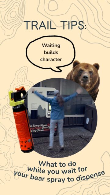 We’ve heard from a few people that our canisters take a while to dispense. That is actually on purpose! Sometimes a vacation can feel very “GO GO GO!” instead of relaxing. So we built in an extra couple seconds of wait time after you rent a canister - here are some things you can do in the meantime:
• Stretch - you’ve been sitting in the car way too long. Move those hamstrings!
• Do a little dance - you’re about to go on a hike! Prep your body and get pumped to the music of LIFE.
• Look around you at the beautiful park.
• Read our ‘On The Go Guide’, which includes a bear spray how-to video, bear identification tips, and what to do if you see one.
